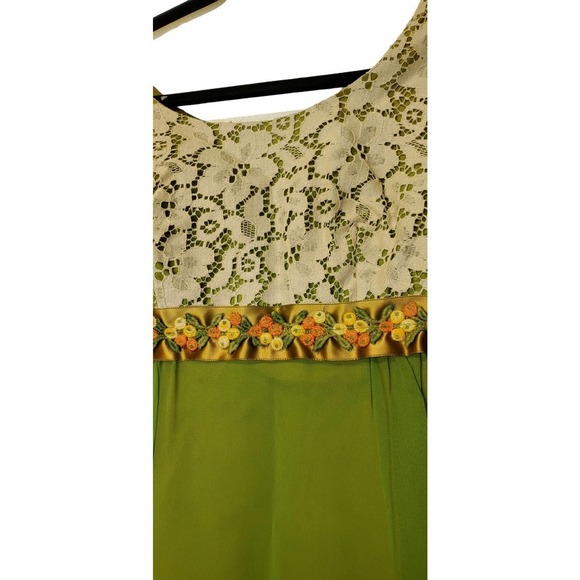 Vintage 60s 70s S Bright Green Sheer Prom Dress Lace Empire Waist Floral Fairy - Picture 4 of 5